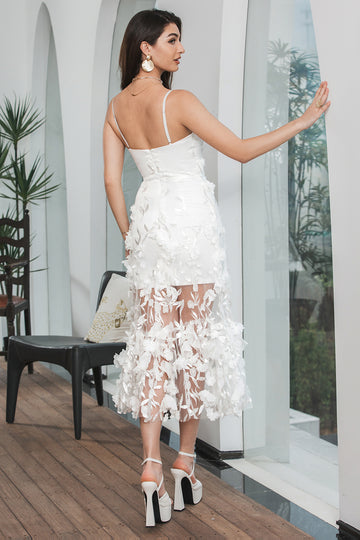 Modest White Sheath Spaghetti Straps Long Graduation Dress with Flowers